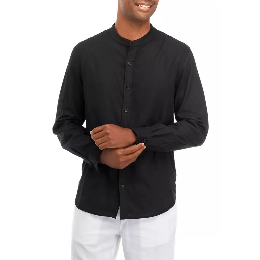 Magaschoni Man Black Linen Blend Band Collar Long Sleeve Button Down Shirt XL